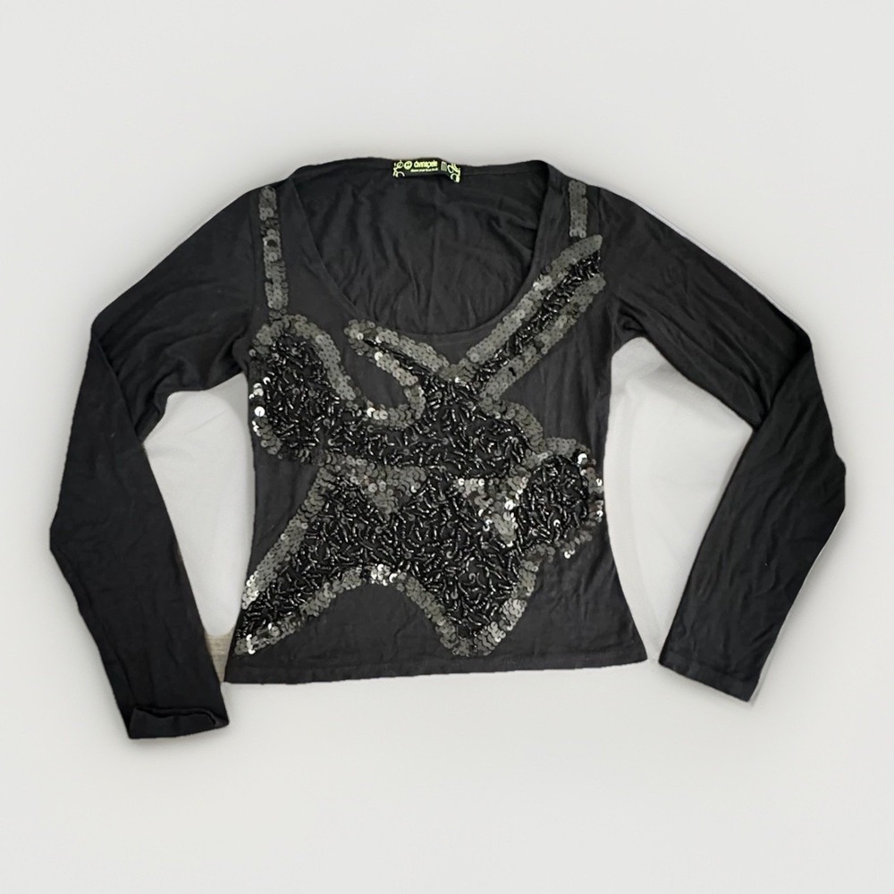 Y2K Black Sequin Beaded Top Womens M‎ Clubwear Party Glam Going Out Stretch